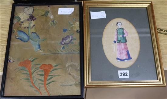 A Chinese embroidered silk panel and a pith painting